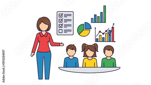 Data Analysis Lesson: A teacher guides a group of students through data analysis with charts and lists. Capturing the essence of education, learning, and analysis.