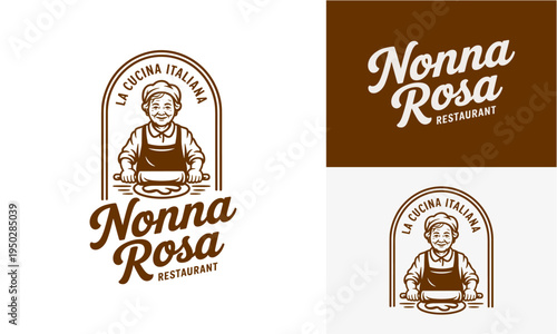 Vintage hand-drawn emblem for an Italian restaurant, featuring a smiling grandmother chef with a rolling pin, symbolizing authentic homemade cuisine and rich culinary tradition