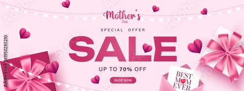 Happy Mothers Day Sale banner, poster, card, holiday cover, flyer design in 3d realistic style with Gift boxes. Mothers Day Sale Banner Design.