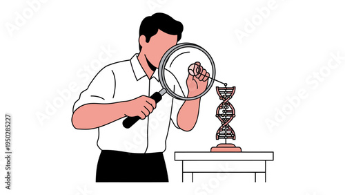 Genetic Insight: A meticulous scientist meticulously examines a DNA model with a magnifying glass, exploring the intricate details of life's fundamental building blocks.