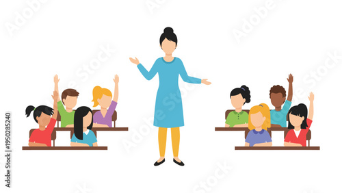 Classroom Interaction: A vibrant classroom scene unfolds as a teacher engages with attentive students, fostering an atmosphere of learning and participation.