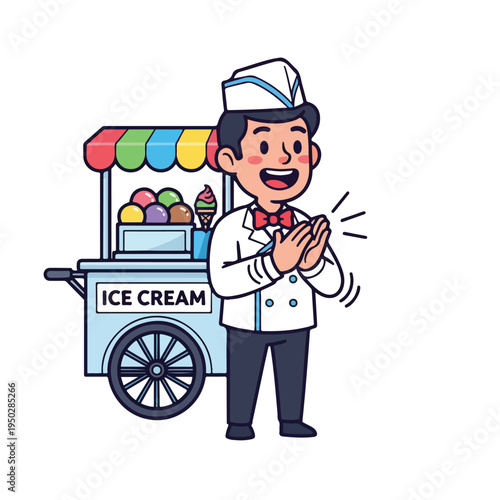 Cartoon ice cream vendor standing beside colorful ice cream cart