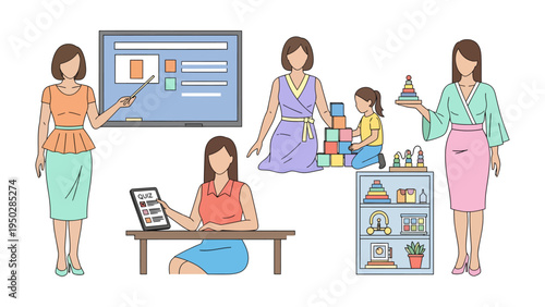 Education and Learning: A visual depicting women in various roles and situations within an educational setting, representing the diverse facets of learning and teaching.