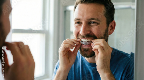 Man putting on clear teeth aligners smiling looking in mirror for daily dental routine and self care at home