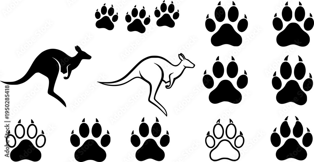 Fototapeta premium Kangaroo icon set with hopping kangaroo and paw print symbols