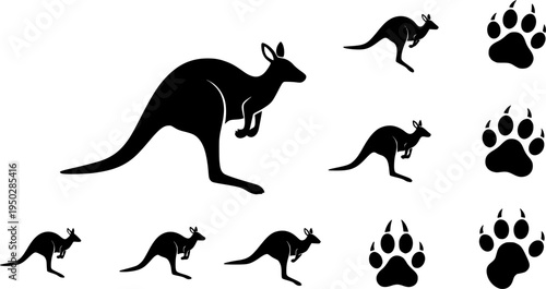 Kangaroo icon set with hopping kangaroo and paw print symbols
