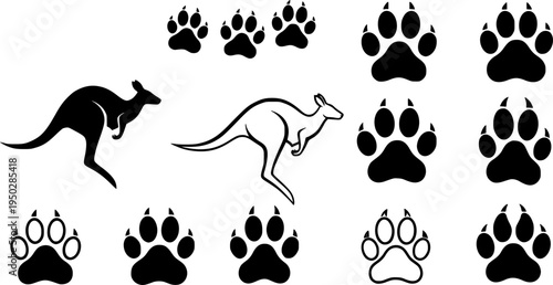 Kangaroo icon set with hopping kangaroo and paw print symbols
