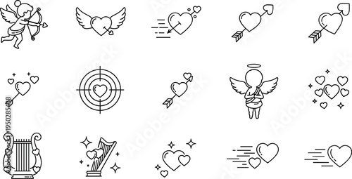 Set of Cupid, Heart, and Love Symbols in Minimalist Line Art Style for Valentine's Day, Romance, and Wedding Illustrations