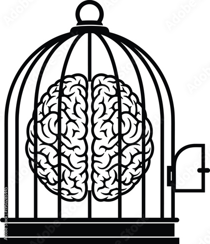 Human Brain Trapped Inside a Birdcage with Open Door mind