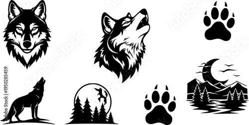 Wolf icons: head, standing, howling, paw print, moon, landscape
