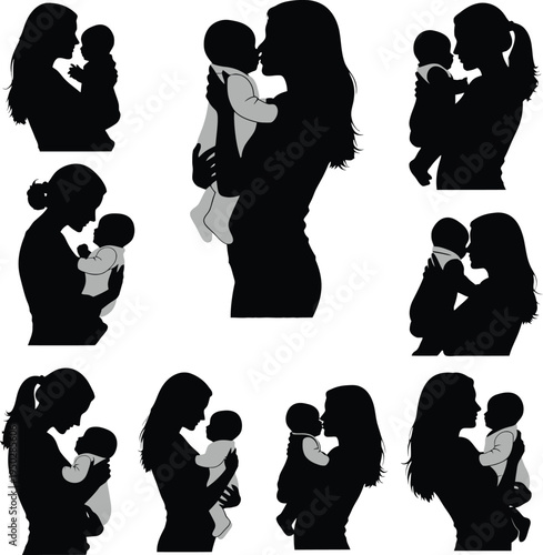 Floral bundle mother and child silhouettes isolated on transparent background