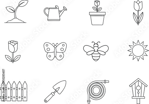 Collection of simple line icons featuring various gardening and nature elements on white