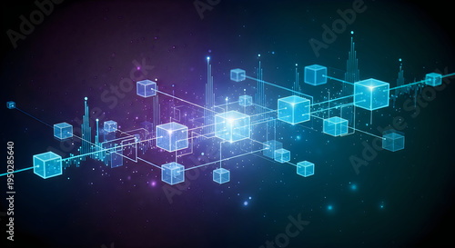 Digital representation of a blockchain network with interconnected glowing cubes on dark background