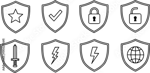 Security icons: star, check, lock, sword, bolt, globe on shields
