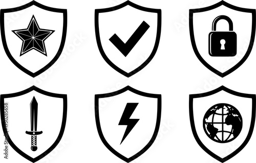 Security icons: star, check, lock, sword, bolt, globe on shields
