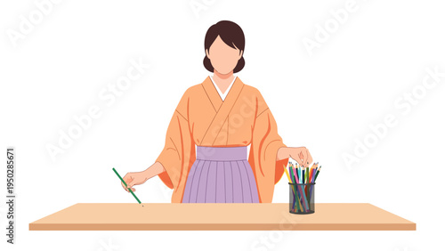 Artistic Endeavor: A focused figure, clad in a traditional kimono, dedicates themself to the creative process, holding a pencil with intent while a collection of colorful pens awaits.