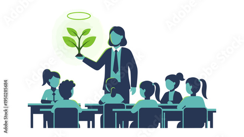 Eco-Lesson: A visionary educator shares an enlightened lesson on the power of nature with attentive students, fostering a profound connection to the environment.