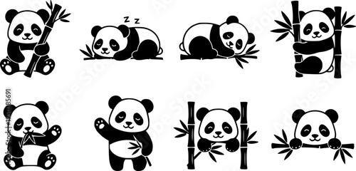 Cute panda icons collection featuring various adorable poses and bamboo motifs
