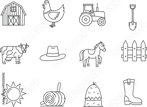 Simple line art icons representing various elements of farm life, agriculture, and rural living.
