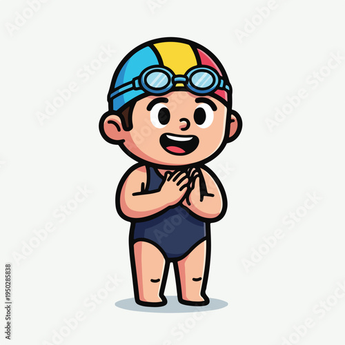 Cartoon kid in swimwear standing with hands together