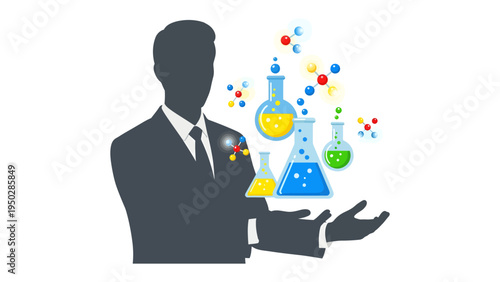 Innovation Visionary: A silhouette of a visionary figure, adorned in a business suit, cradles an array of scientific beakers and molecular structures.