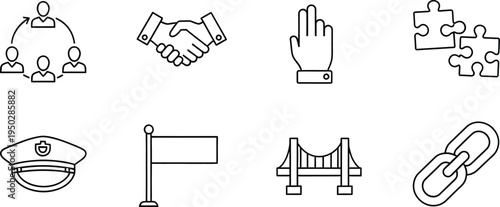 Set of black and white line icons illustrating teamwork, leadership, and partnership concepts