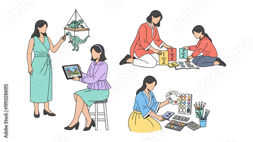 The Art of Home Activities: Women engaging in diverse home activities, embracing creativity, learning, and playful exploration. 