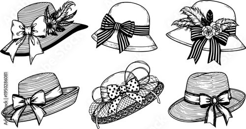 Collection of six stylish women's hats with bows and decorations
