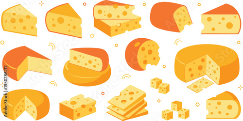 Cheese collection with various types of yellow swiss cheddar and maasdam wheels slices and cubes flat vector illustration isolated on white background for food menu.