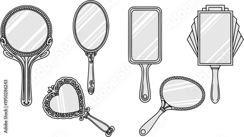 Collection of six hand mirrors with various designs and shapes
