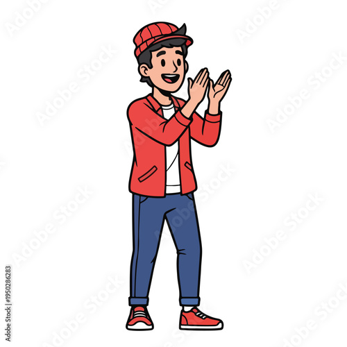 Cheerful young man clapping hands in approval and excitement standing alone