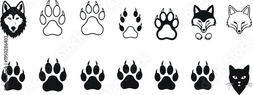 Wolf paw print and head silhouette vector set with animal track icons isolated on light background for wildlife, hunting, nature, and outdoor design