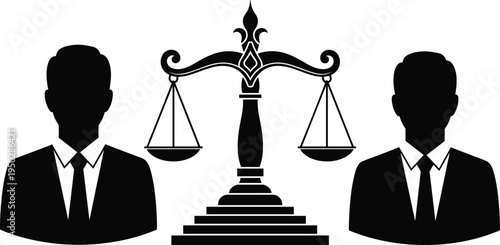 Silhouette of Two Lawyers and Scales of Justice on White Background legal attorney