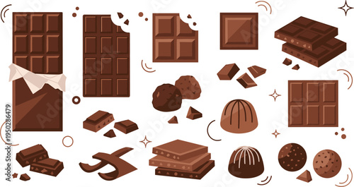 Chocolate bars and sweets collection featuring dark and milk bars pralines truffles and broken pieces flat vector illustration isolated on white background for dessert menu.