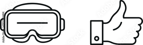 VR headset and thumbs up icons vector set with virtual reality glasses and like hand symbol outline illustration
