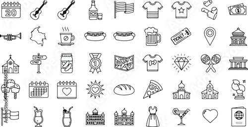 Travel culture and entertainment icon vector set with calendar, guitar, coffee, beer, ticket, landmark, and celebration symbols isolated on light background