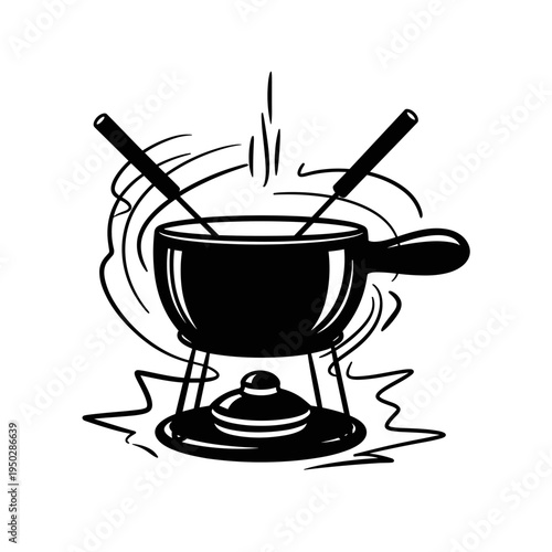 Fondue pot with steaming broth and forks in minimalist style  