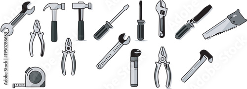 Set of Hand Tools Illustrated in Gray and Black
