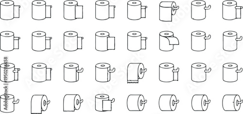 Toilet paper roll icon vector set with tissue dispenser variations isolated on light background for bathroom supplies, hygiene products, and sanitation design