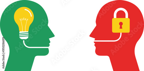 Two Heads in Profile One with Lightbulb Idea and Other with Locked Padlock silhouette