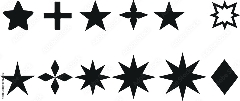 Obraz premium Star shapes and geometric symbol vector set with decorative stars, plus sign, and abstract elements isolated on light background for design and decoration