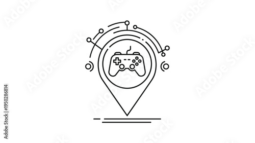 Creative black outline icon of a game controller inside a map location pin with digital circuit lines around it.