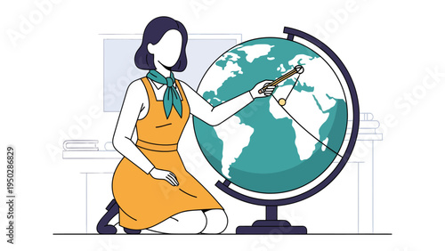 Globally Educated: An animated educator uses a pointer to guide the viewer's eye across the geographic surface of the globe.