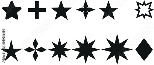 Star shapes and geometric symbol vector set with decorative stars, plus sign, and abstract elements isolated on light background for design and decoration
