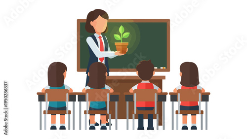 Cultivating Growth in the Classroom: A dedicated teacher inspires young students, fostering a love of learning through the nurturing of a growing plant. 