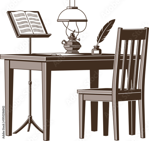 Vintage Desk With Oil Lamp Open Book And Quill Pen chair
