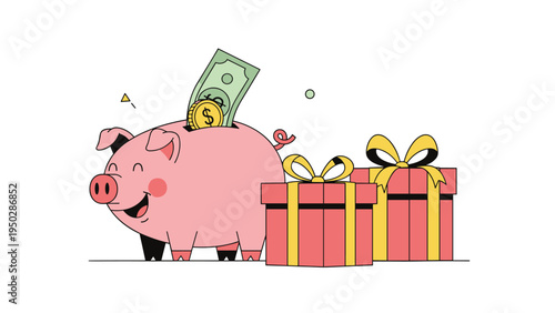 Happy pink piggy bank with a dollar bill and coin being deposited next to two wrapped gift boxes with yellow bows.