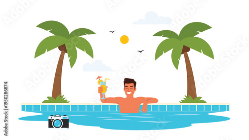 Relaxed man in a tropical swimming pool holding a cocktail with palm trees and a professional camera on the pool deck.