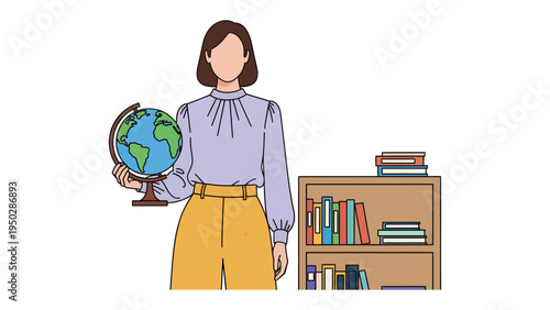Teacher with Globe: A teacher stands confidently, holding a globe in her hand, next to a bookshelf filled with books, symbolizing education, knowledge, and global awareness.