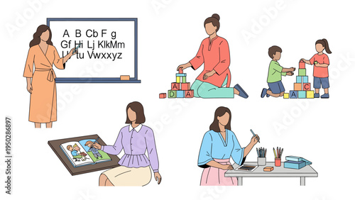 Early Childhood Education: A collage of diverse scenes depicting early childhood education, from alphabet lessons to creative play, fostering growth and imagination.